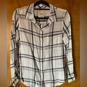 American Eagle Outfitters Navy Blue and White Plaid Shirt